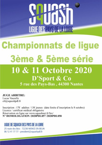 Ligue Squash PDL Championnat 3ème & 5ème série 10 et 11 octobre 2020