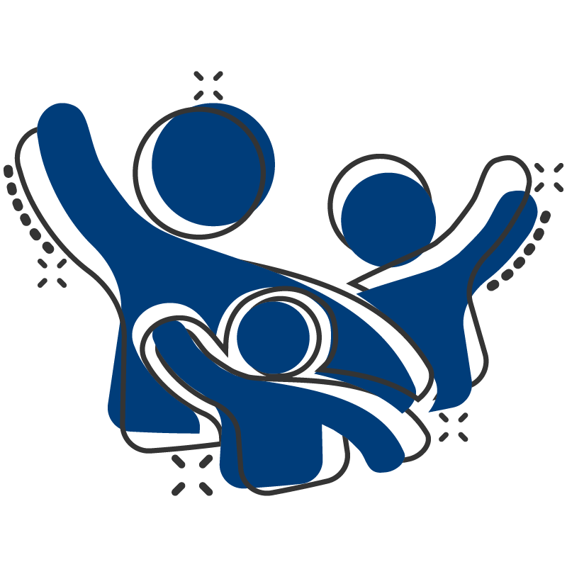 Icône communauté squash – sport olympique Icône stylisée représentant trois personnes bras levés, symbolisant la communauté et l’esprit d’équipe dans le squash, sport olympique aux Jeux de Los Angeles 2028